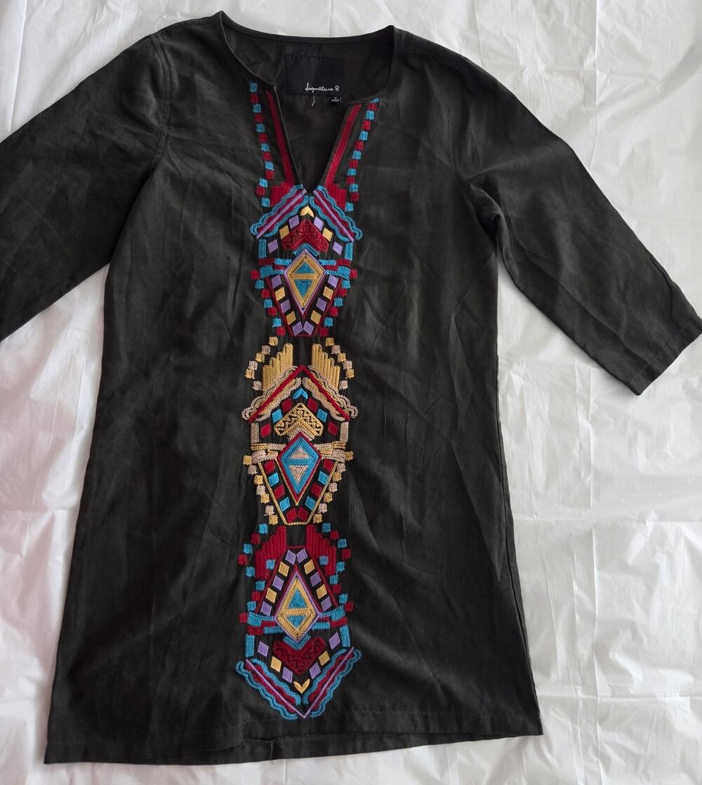 Signature 8 Olive Green Embroidered Boho Tunic Mini Dress Aztec Southwestern S